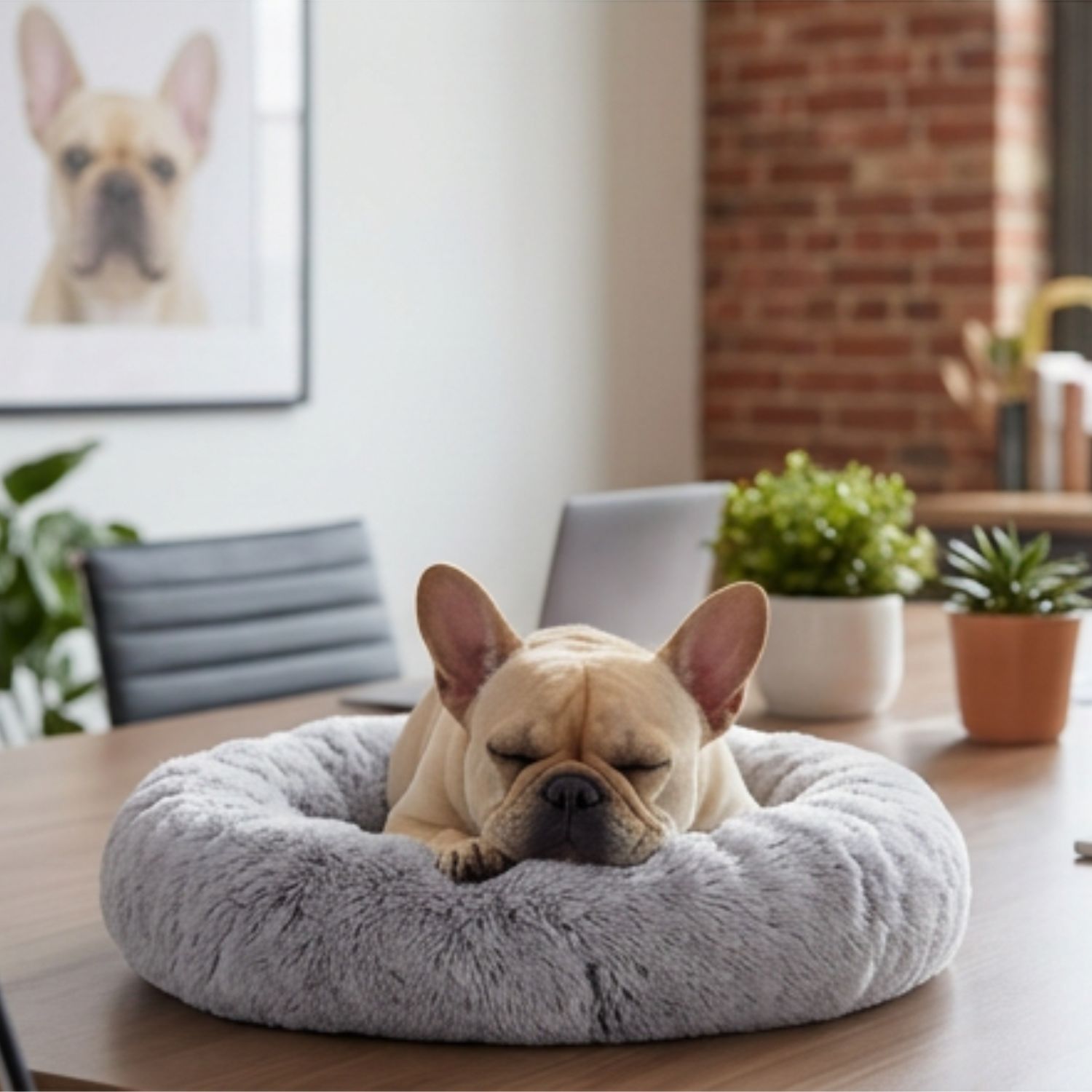 Fifi the French Bulldog sleeping soundly on a round fluffy dog bed placed on an office desk