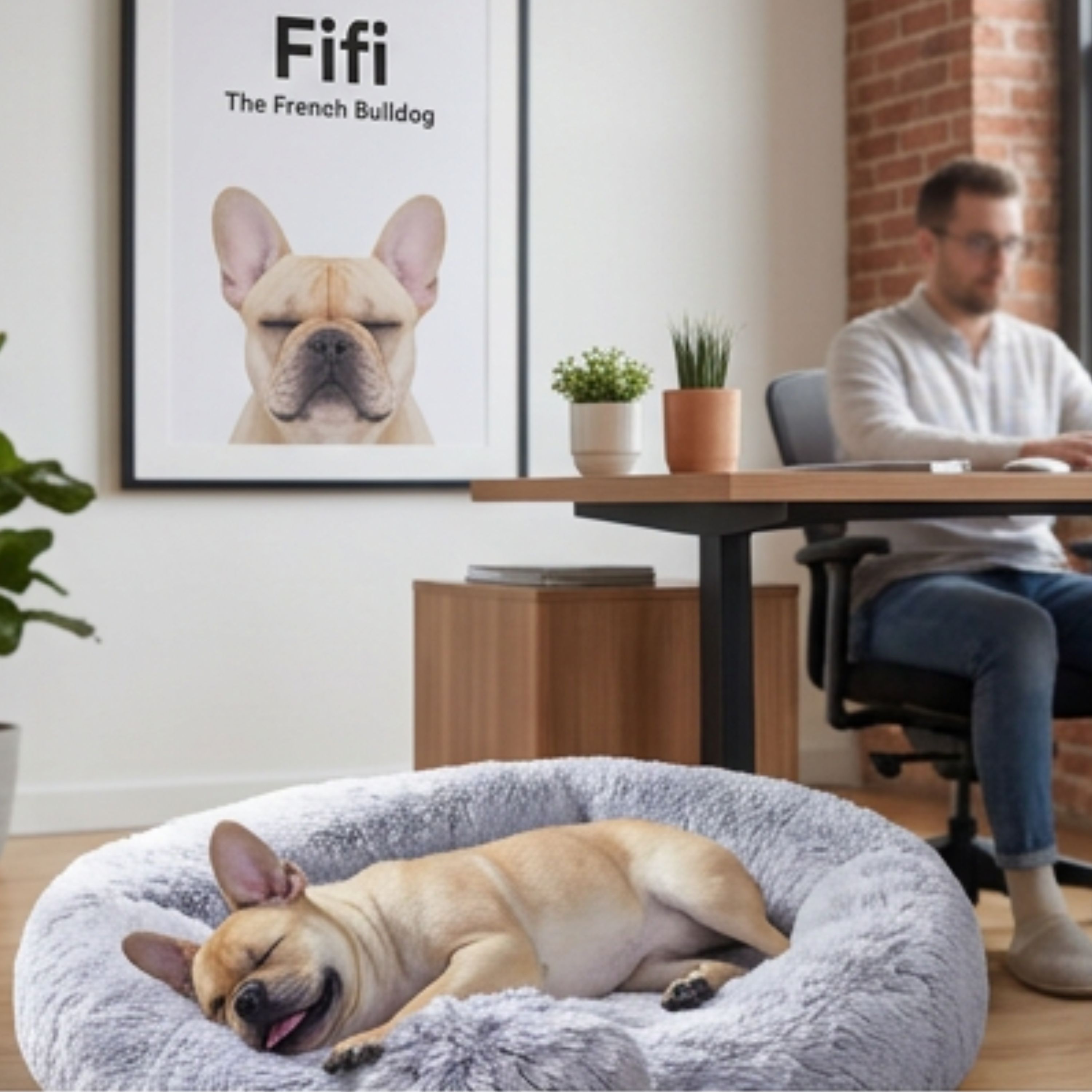 Fifi the French Bulldog asleep on an ottoman in a bright modern office with a whiteboard and strategy diagrams behind her