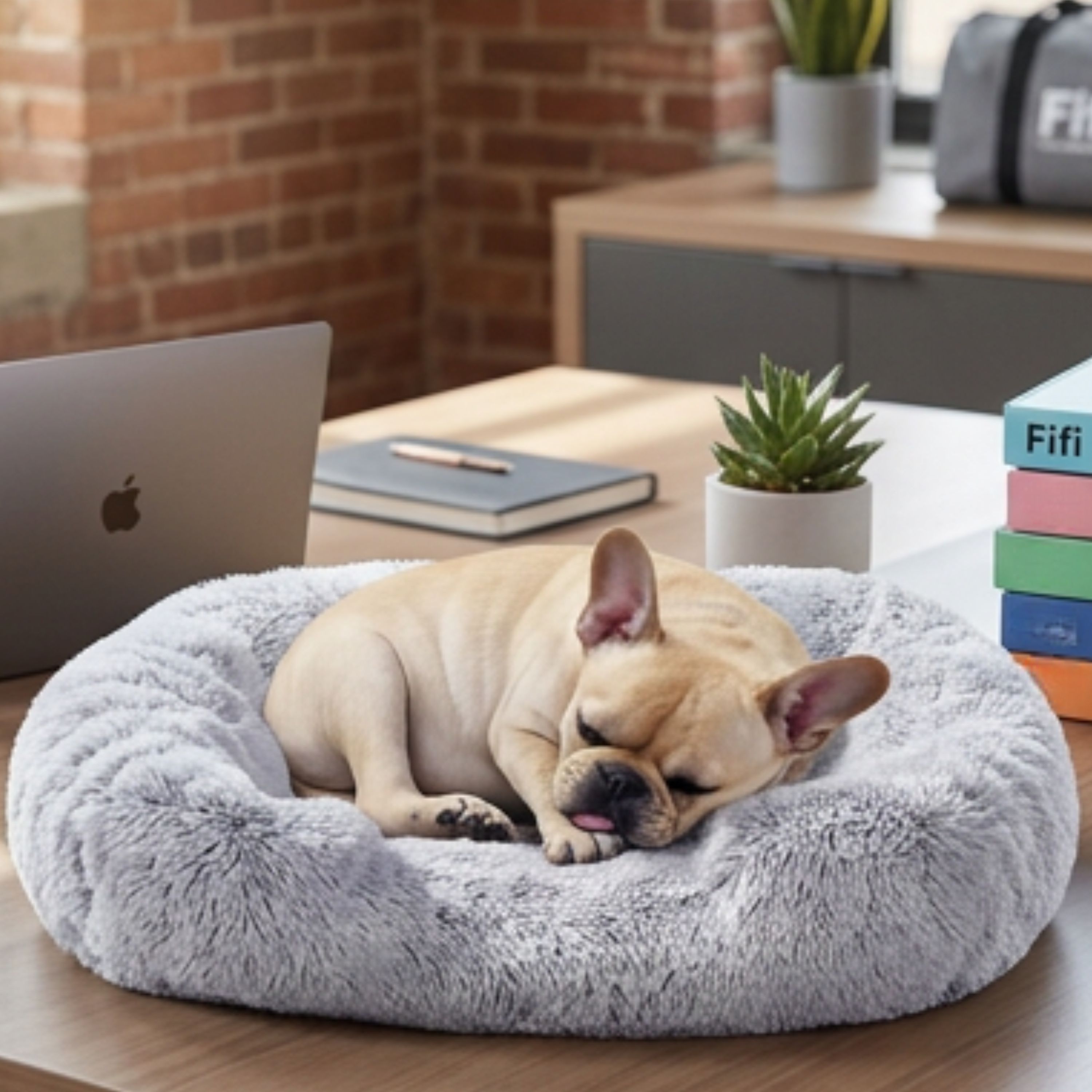 Fifi the French Bulldog asleep on a desk next to a laptop, notebook and succulents in a brick-wall office