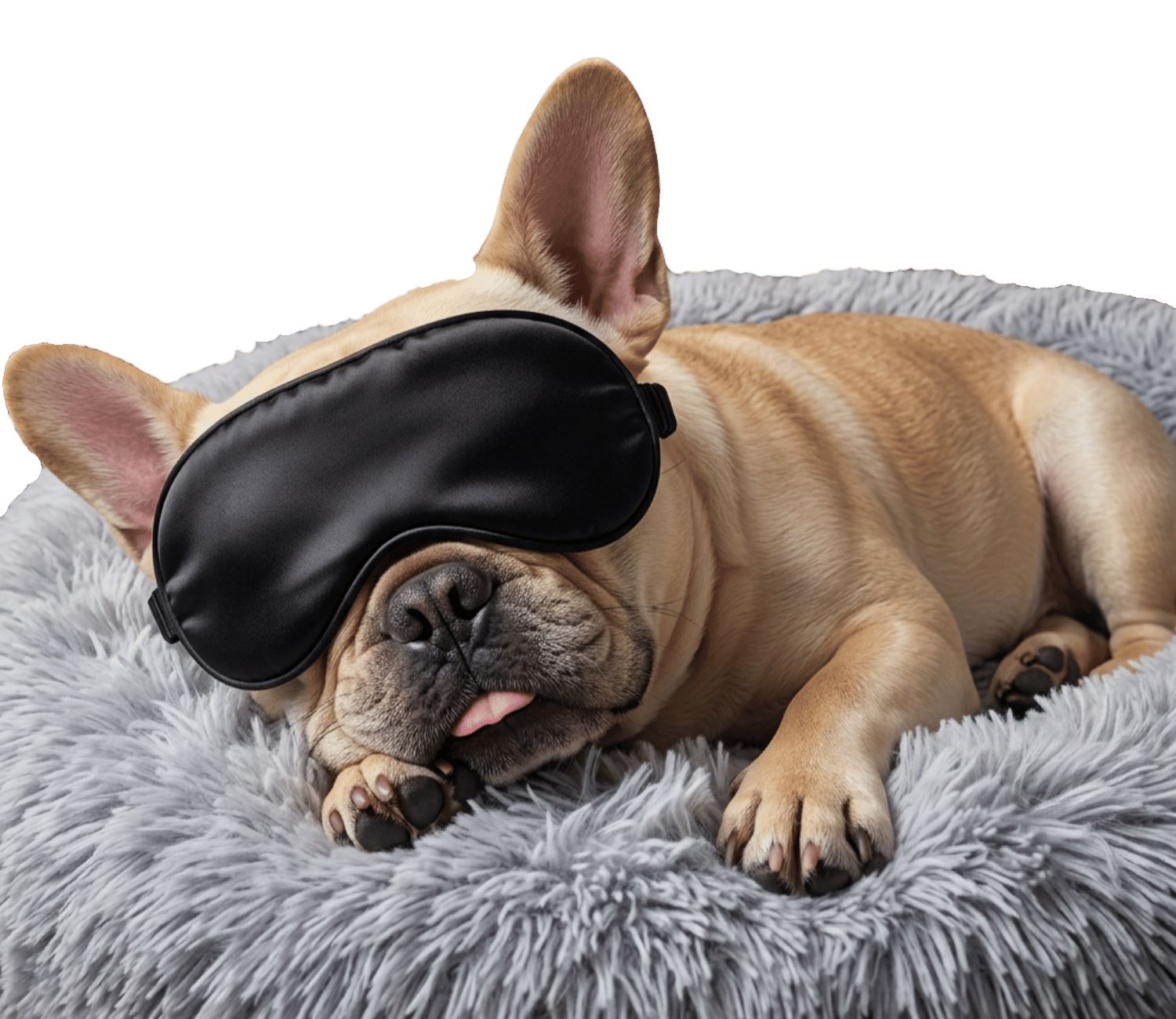 Fifi the French Bulldog asleep in a round dog bed on an office floor with a large framed portrait of herself on the wall