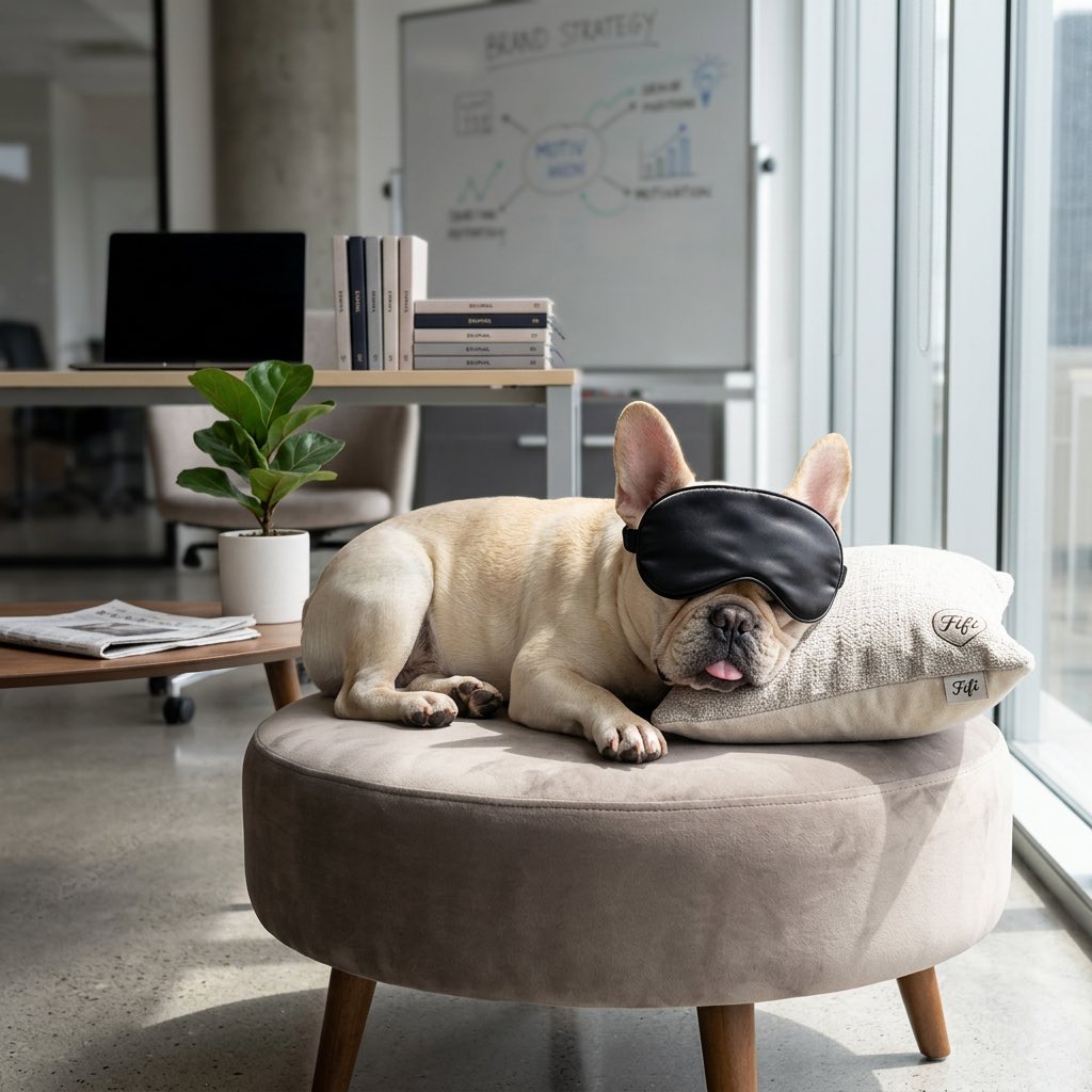 Fifi the French Bulldog wearing a silk sleep mask on a fluffy grey dog bed