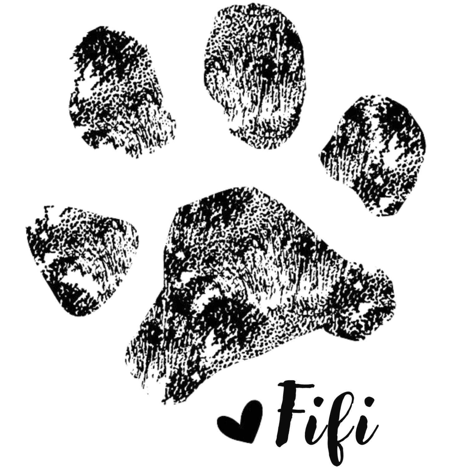 Fifi the French Bulldog official paw print stamp of approval with her name written in script